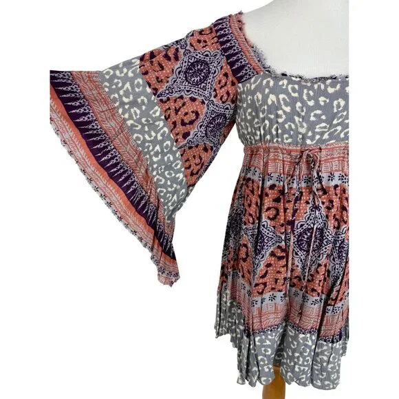 Free People Boho Flowy Printed Bell Sleeve Crisscross Back Hippie Mini Dress - Picture 7 of 14